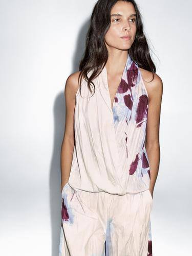 Zara Printed surplice halter top - white