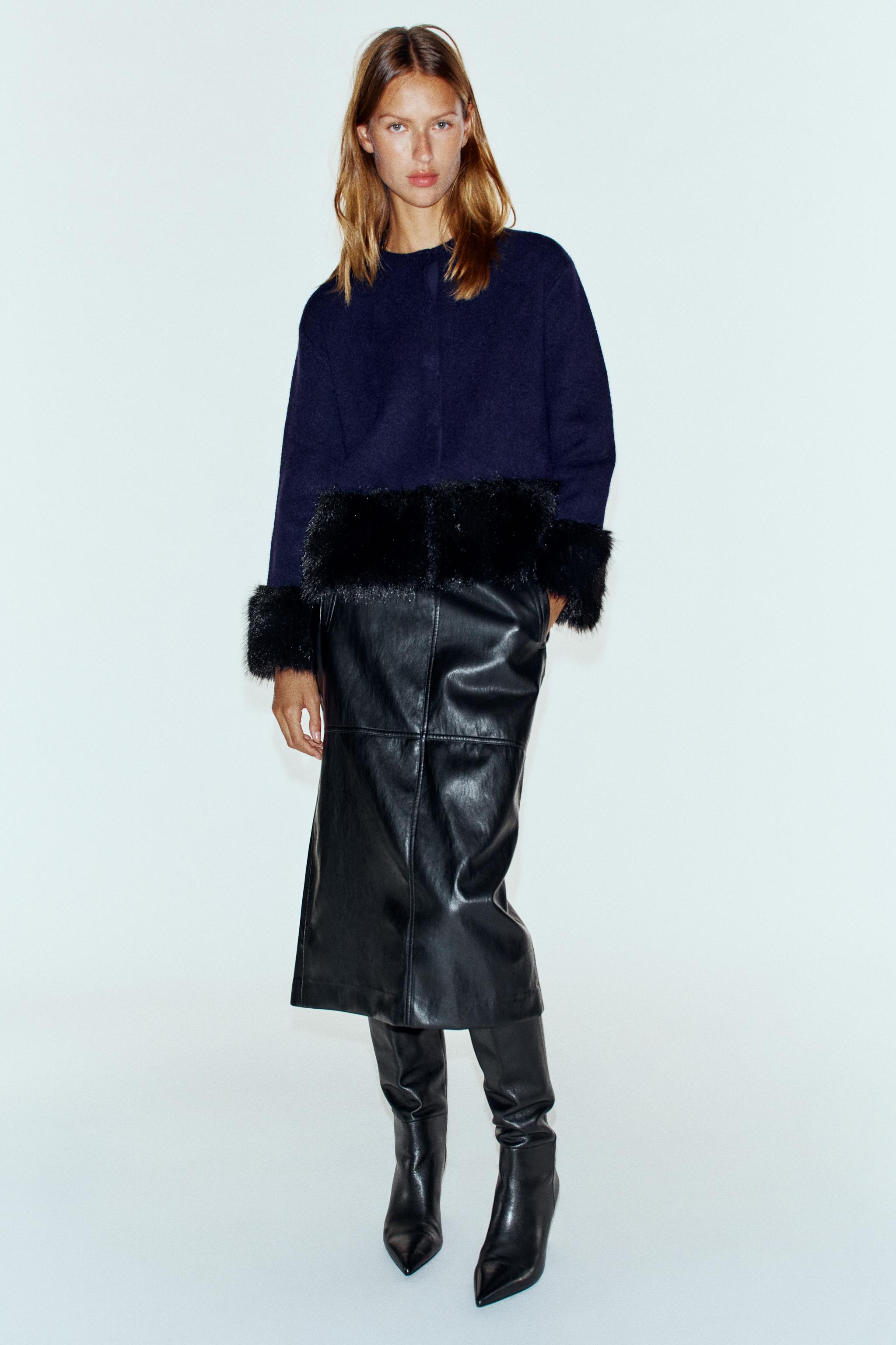 FAUX FUR DETAIL KNIT JACKET - Navy blue | ZARA United States