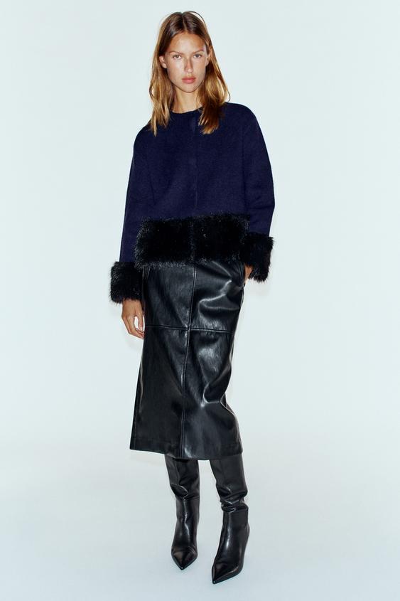 Zara FAUX FUR DETAIL KNIT JACKET - Navy blue - Image 0