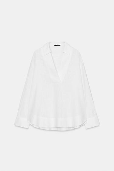Zara LINEN BLEND POLO COLLAR BLOUSE - White