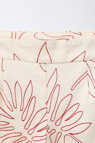 CONTRAST EMBROIDERED LEAF WIDE-LEG TROUSERS - Ecru / Red by Zara - Image 2