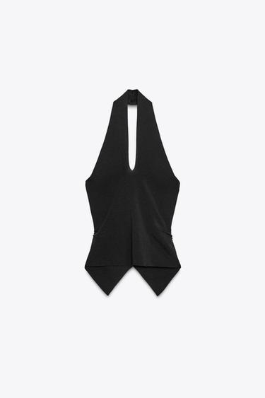 Zara RUCHED KNIT HALTER TOP - Black
