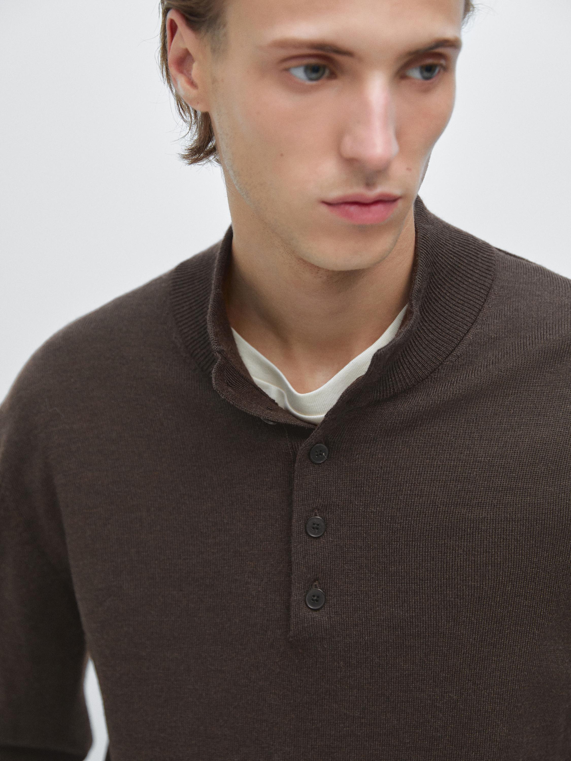 100% wool mock neck sweater with buttons