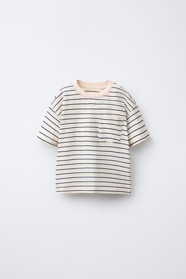 Zara WOVEN STRIPE POCKET T-SHIRT - Ecru / Navy