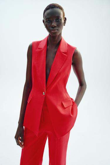 LONG LINEN BLEND WAISTCOAT - Strawberry by Zara