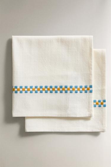 PACK OF COTTON NAPKINS WITH MULTICOLOURED BORDERS (PACK OF 2) - White / Green by Zara