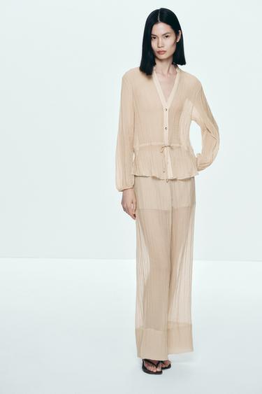 WIDE SEMI-SHEER CREASED-EFFECT TROUSERS - Light beige by Zara - Image 0