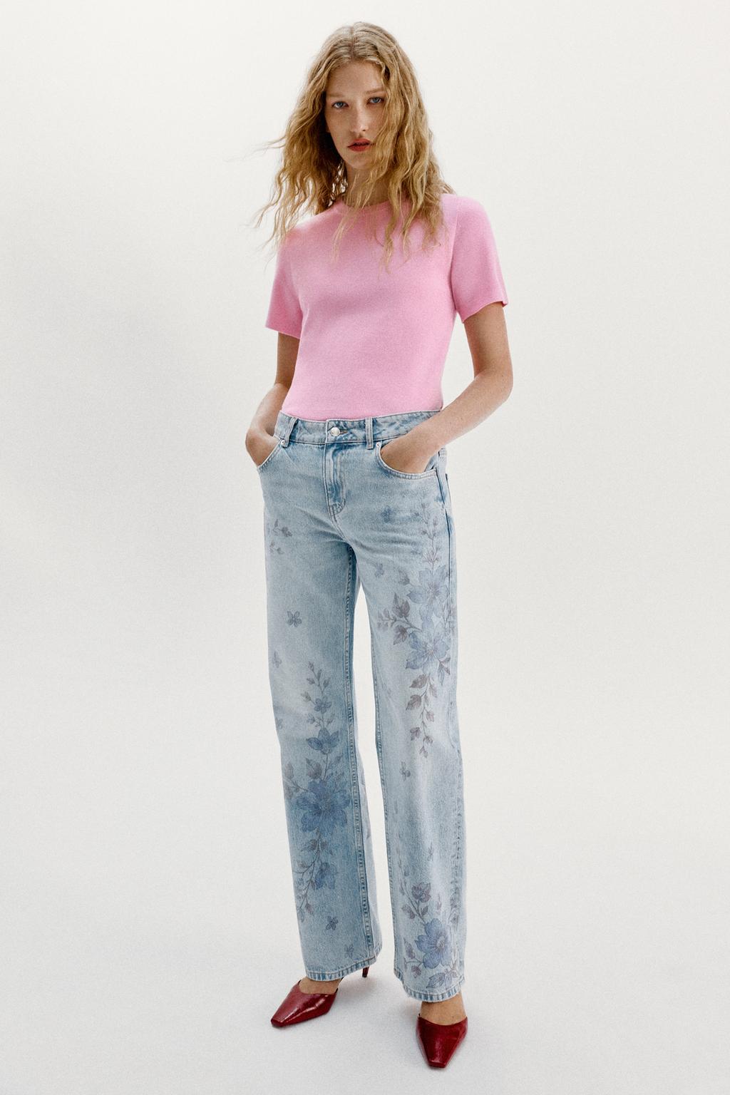Z1975 MID-WAIST STRAIGHT LONG LENGTH FLORAL PRINT JEANS