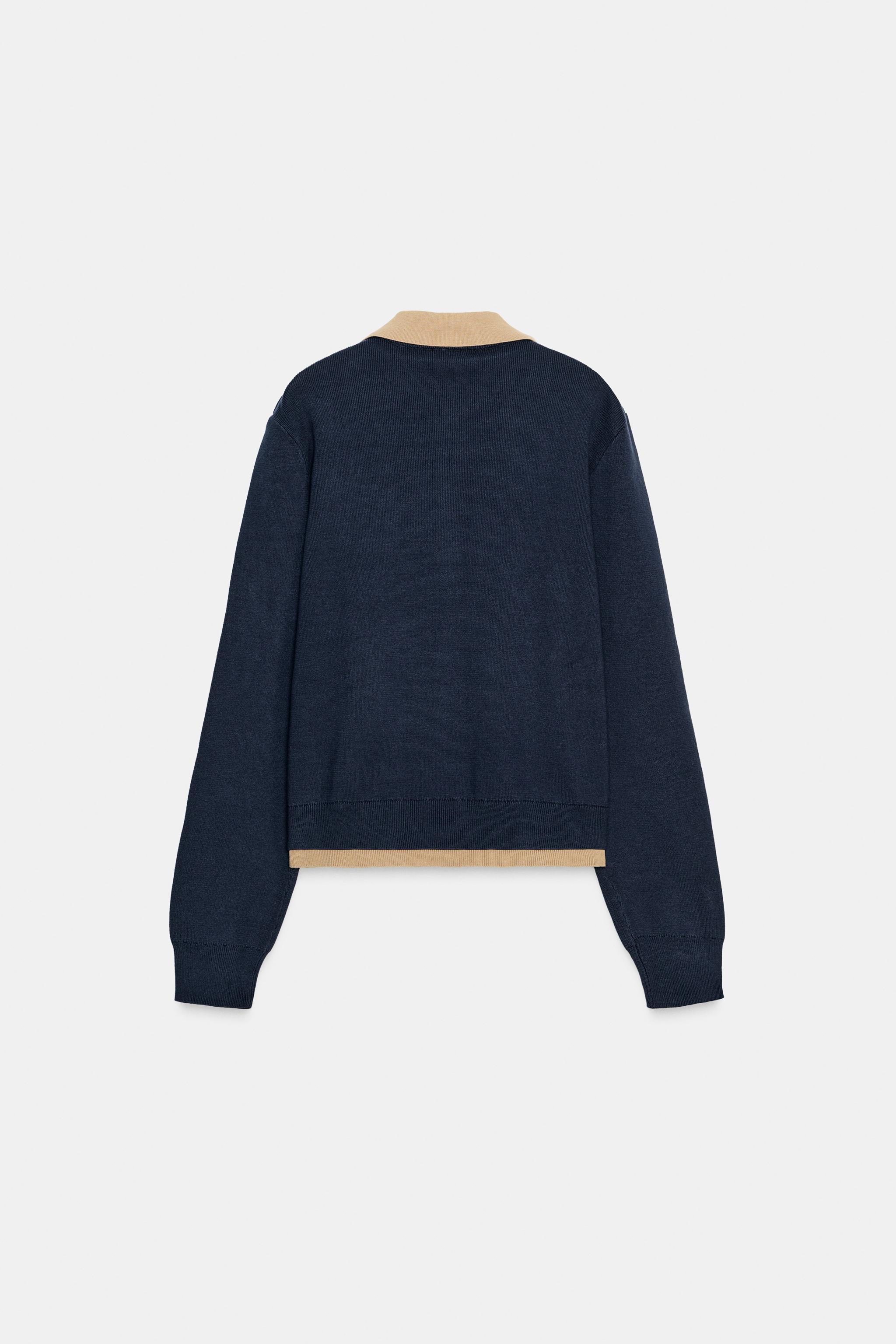 新品タグ付★ZARA コントラスト ダブルレイヤー ポロニットカーディガン M コントラストダブルレイヤーポロニットカーディガン - ネイビーブルー