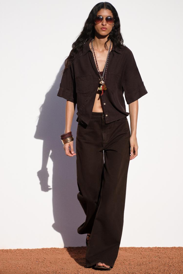 CROPPED LINEN BLEND SHIRT - Brown by Zara - Image 0