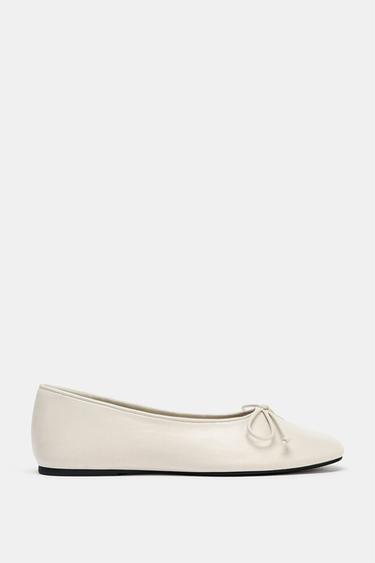 Zara 柔軟皮革蝴蝶結芭蕾舞鞋 - 米白色