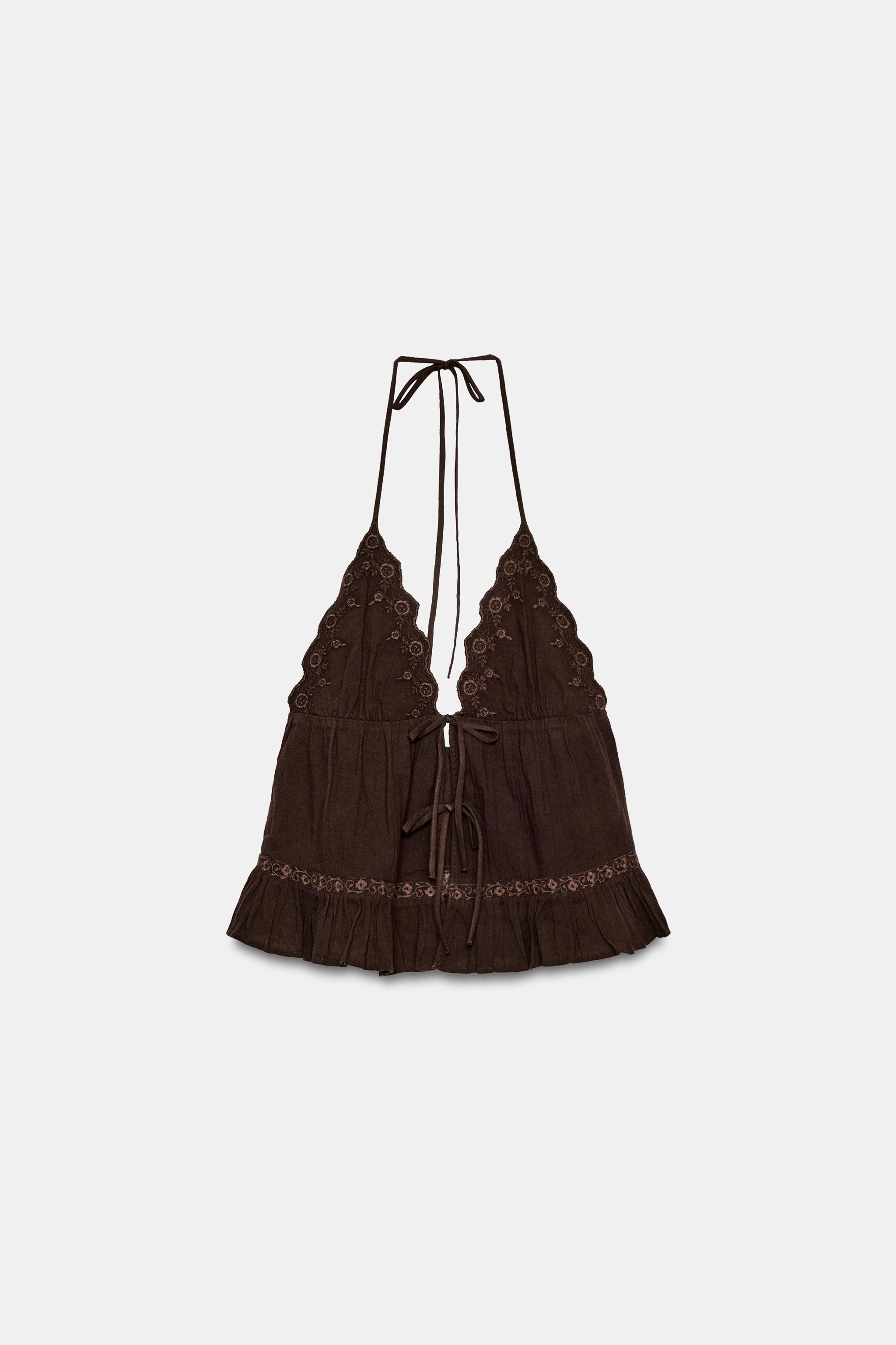EMBROIDERED GAUZE HALTER TOP