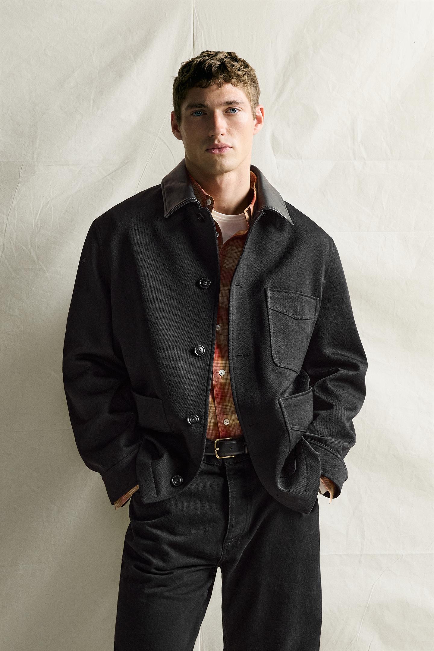 Мужская куртка Zara Wool Blend Jacket with Leather Collar, цвет: Чёрный — фото 2