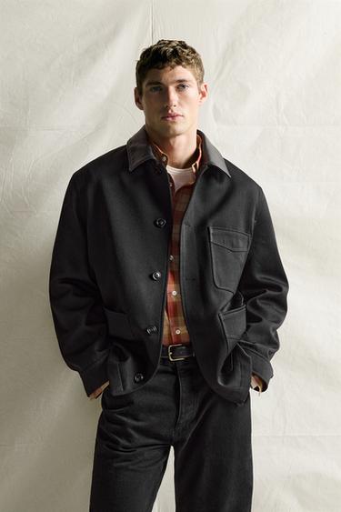 WOOL BLEND JACKET WITH LEATHER COLLAR — Black 2