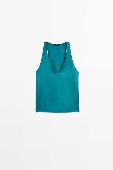 Zara Satin linen blend V-neck top - Dark turquoise - Image 0