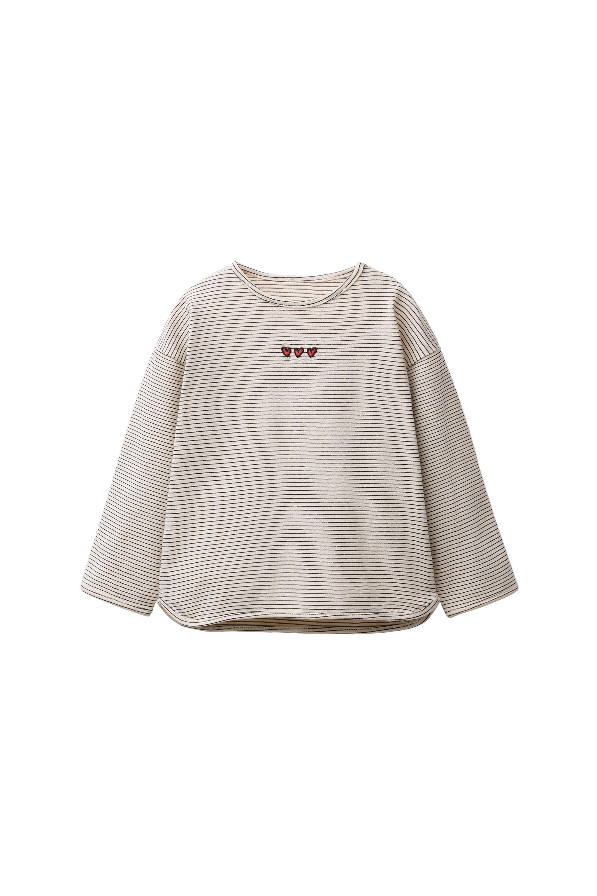 STRIPED T-SHIRT WITH EMBROIDERED HEARTS - Black / Ecru | ZARA