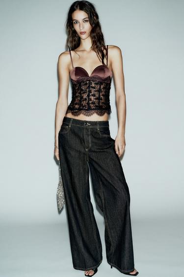 ÁO CROP TOP REN ĐÍNH KIM SA - Màu đen từ Zara