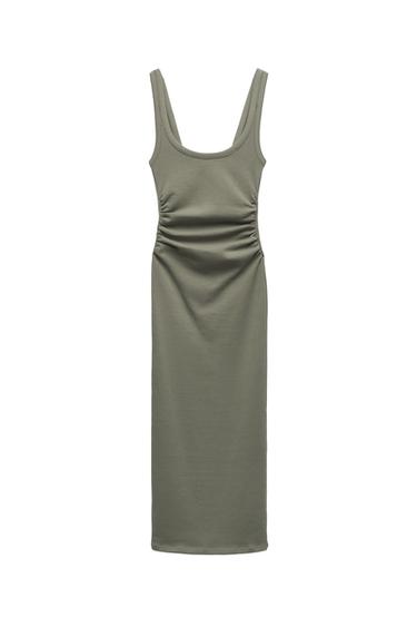 FITTED GATHERED RIBBED MIDI DRESS