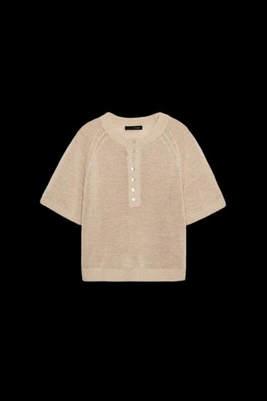 SHORT SLEEVE KNIT BUTTONED JUMPER - Sand by Zara
