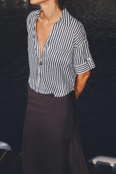 CHEMISE COURTE EN LIN - Bleu / Blanc de Zara - Image 3