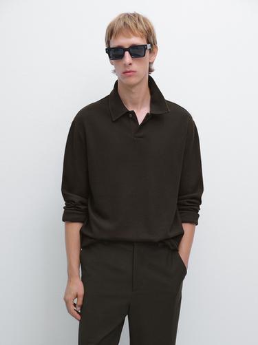 Zara Textured long sleeve polo shirt - Chocolate