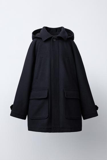 WOOL BLEND COAT WITH HOODIE - Navy blue by Zara