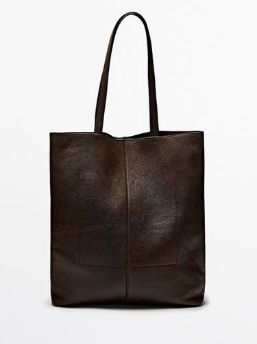 Bolso tote piel ante acabado craquelado - Marrón de Zara
