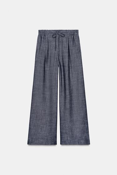 PANTALÓN ANCHO CON LINO CINTURÓN - Índigo claro de Zara