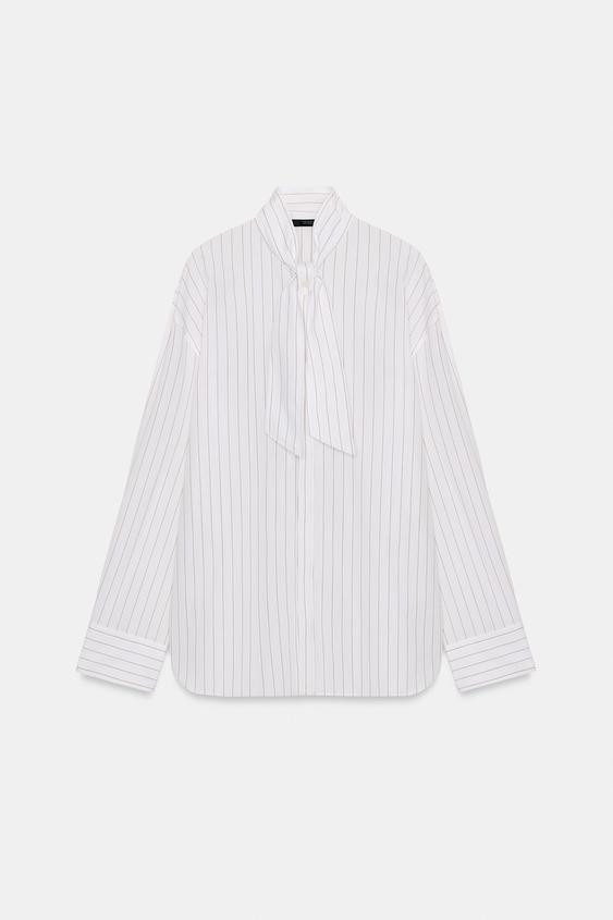 STRIPED POPLIN SHIRT WITH NECKERCHIEF - brown/white by Zara - Image 0