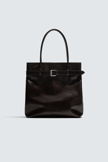 LEATHER TOTE BAG WITH BELT - Brown by Zara