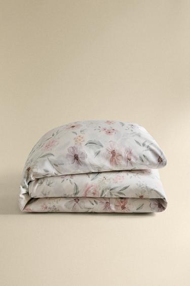 Zara FLORAL PRINT SATEEN DUVET COVER - 磨白色