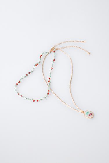 PACK OF TWO BEADED NECKLACES WITH CHERRIES - Green by Zara - Image 3