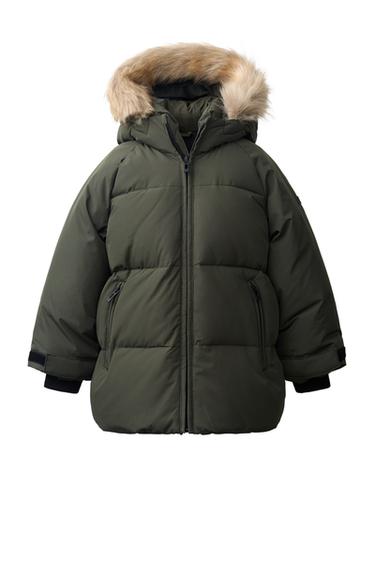 DOWN JACKET WITH HOODIE AND FAUX FUR 50% FEATHER 50% DOWN WATER-REPELLENT AND WINDPROOF - Dark green by Zara
