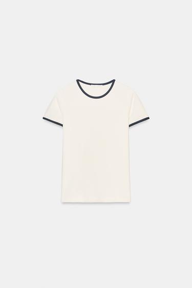 T-SHIRT WITH CONTRAST TRIM - Oyster-white by Zara