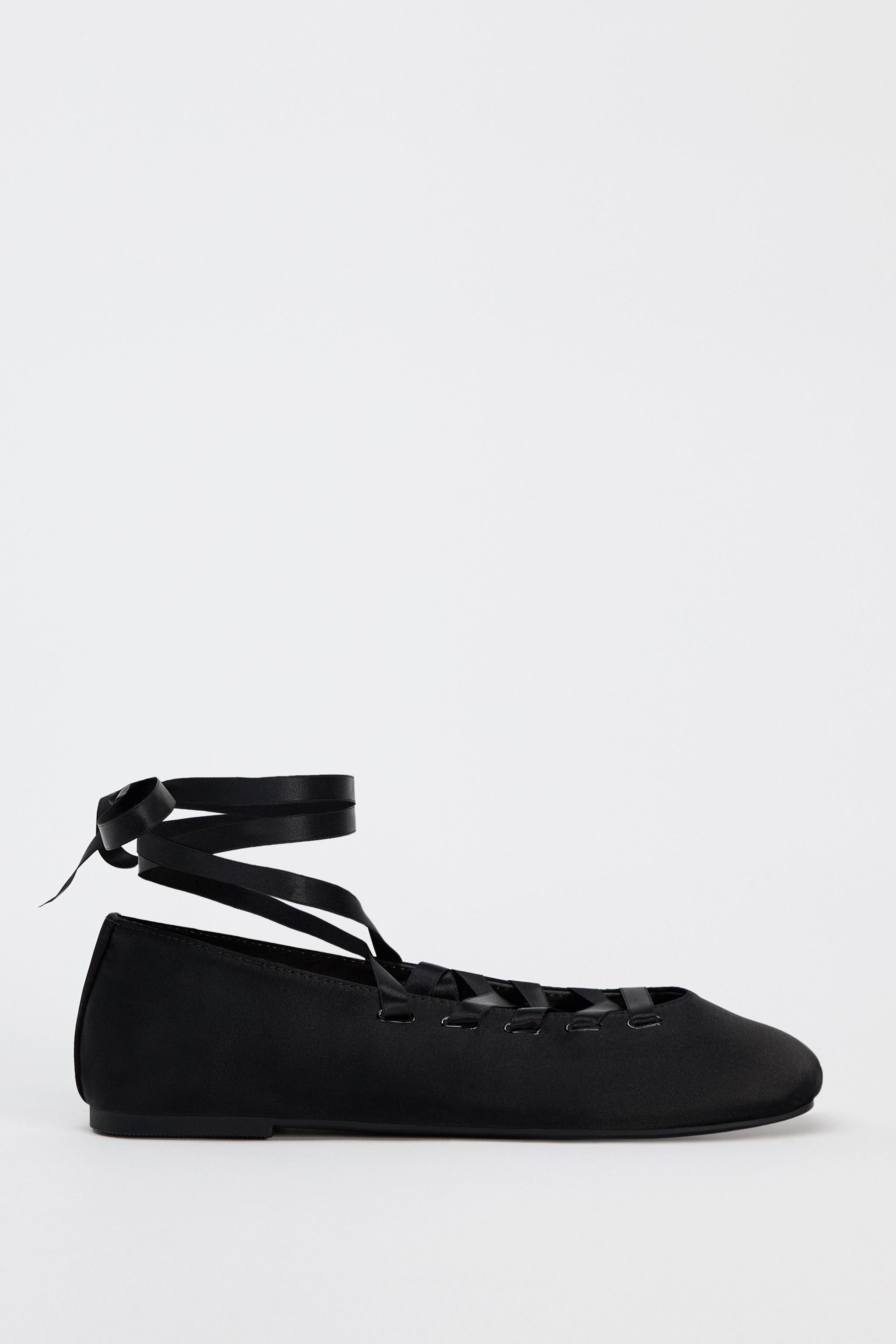 LACE UP BALLET FLATS Black ZARA United Kingdom