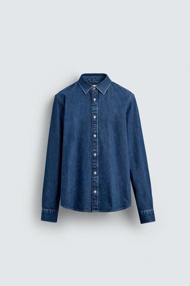 Zara TOPSTITCHED DENIM SHIRT - Mid-blue