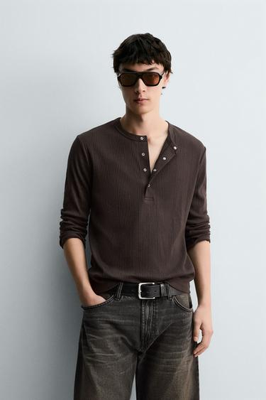 Zara 羅紋領結構 T 恤 - 深棕色