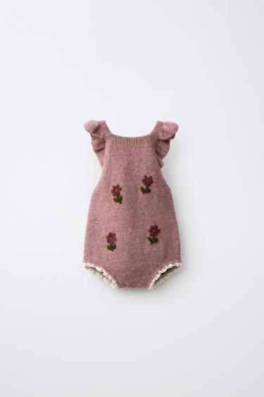 EMBROIDERED FLORAL KNIT ROMPER — Pink 1