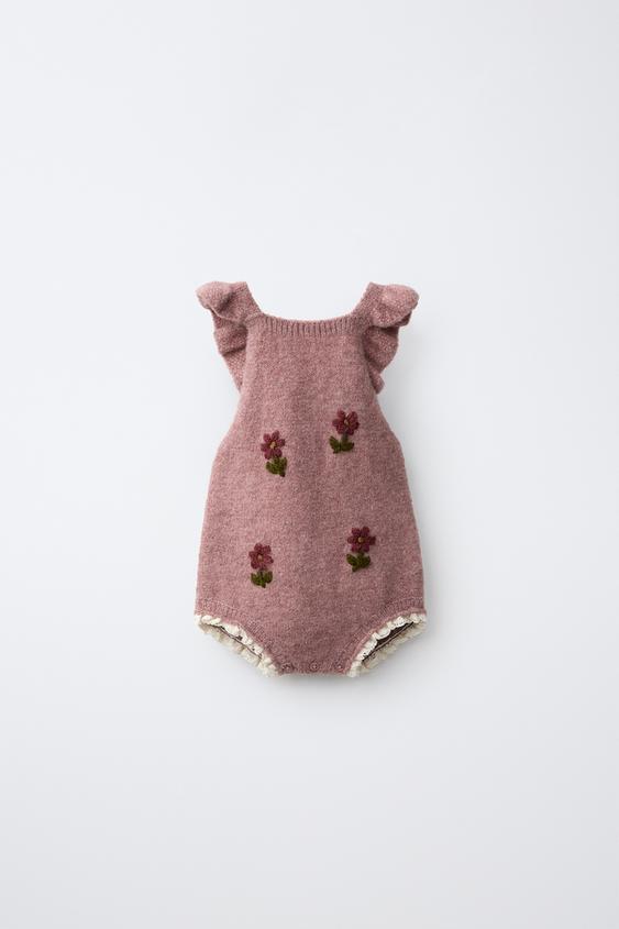 EMBROIDERED FLORAL KNIT ROMPER - Pink by Zara - Image 0