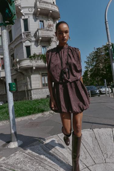JACQUARD VOLUMINOUS MINI DRESS - Brown by Zara - Image 0