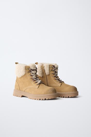 LEATHER FAUX SHEARLING ANKLE BOOTS — Beige 2