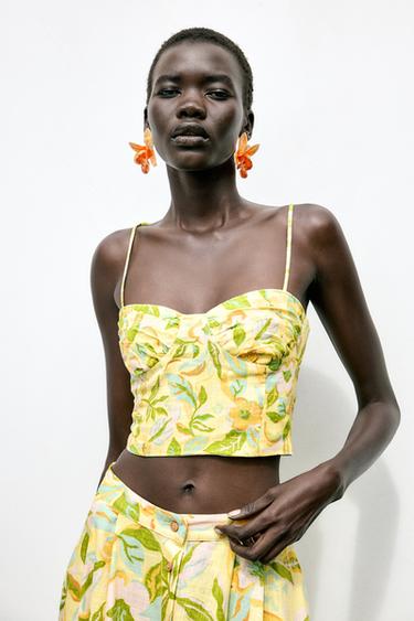 TOP COURT AVEC LIN IMPRIMÉ - jaune de Zara - Image 1