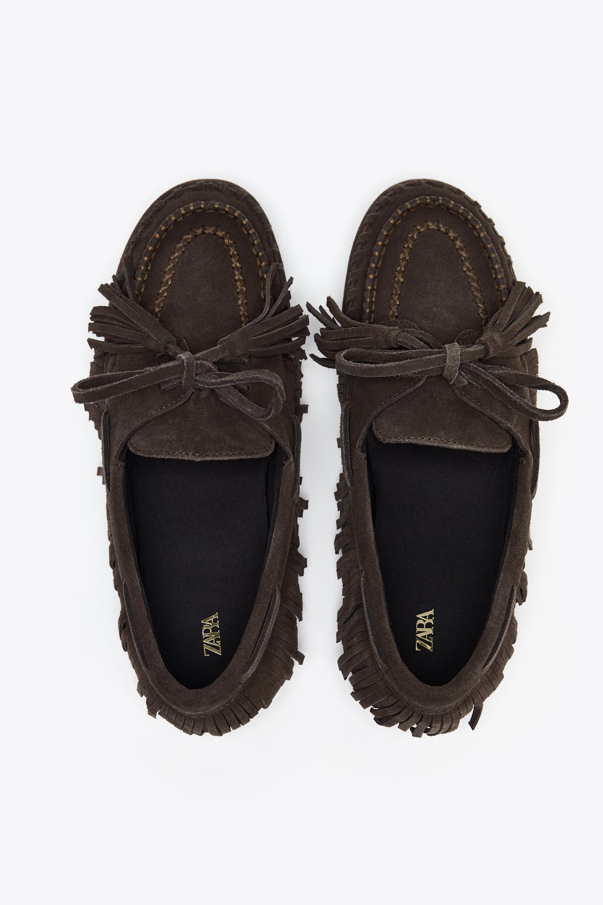 靴 zara brown vintage taste fringe loafer, FRINGED LEATHER LOAFERS - Sandy Brown | ZARA United States