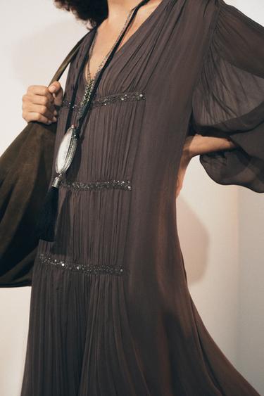 EMBROIDERED BEADED DRESS ZW COLLECTION - Mink by Zara