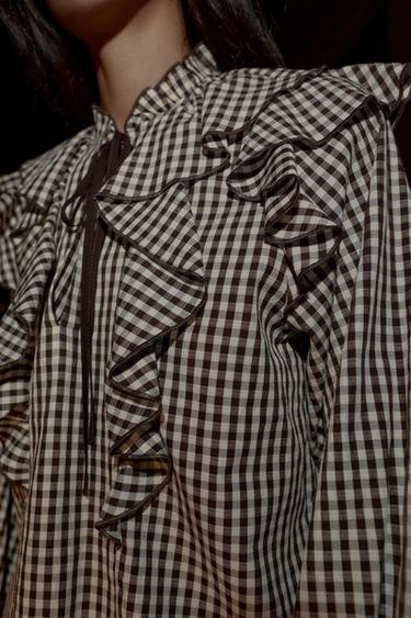 BLOUSE À VOLANTS, CARREAUX ET NŒUD - Marron / Écru de Zara - Image 2