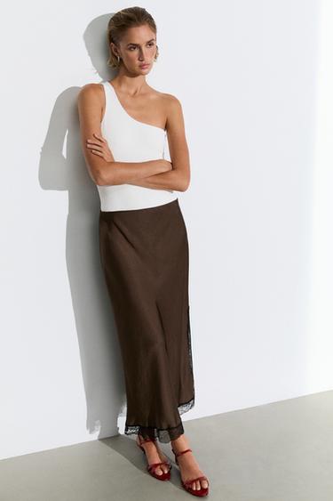 Jupe midi en dentelle - Marron chiné de Zara
