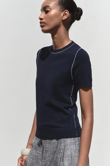 Zara TRIMMED SHORT SLEEVE KNIT TOP - Navy / White