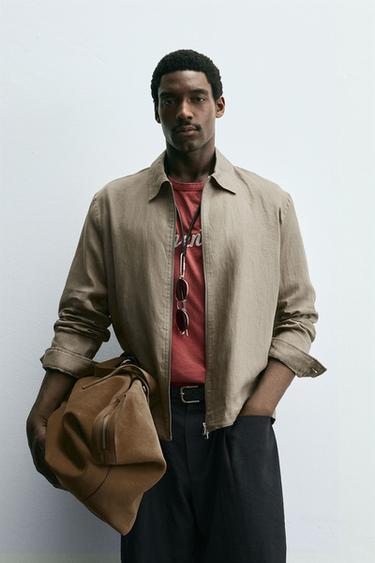 100% LINEN OVERSHIRT - Dark beige by Zara - Image 1