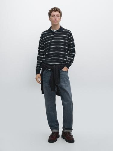 Zara Cotton blend striped knit polo sweater - Navy blue