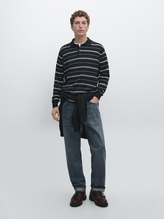 Cotton blend striped knit polo sweater